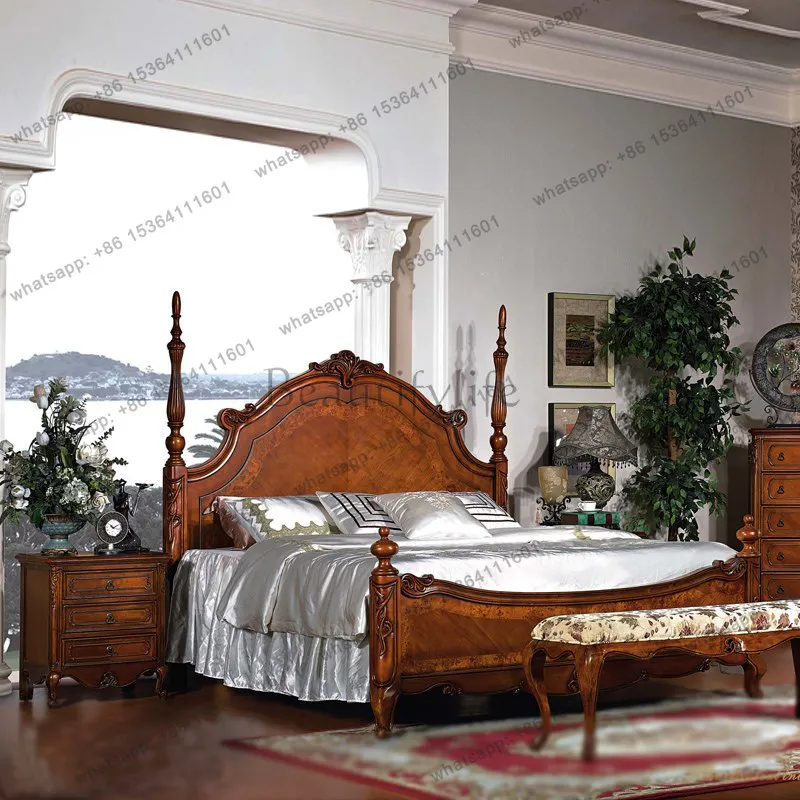 American solid wood bedroom 1.8 meters large bed European master bedroom furniture antique simple double bed