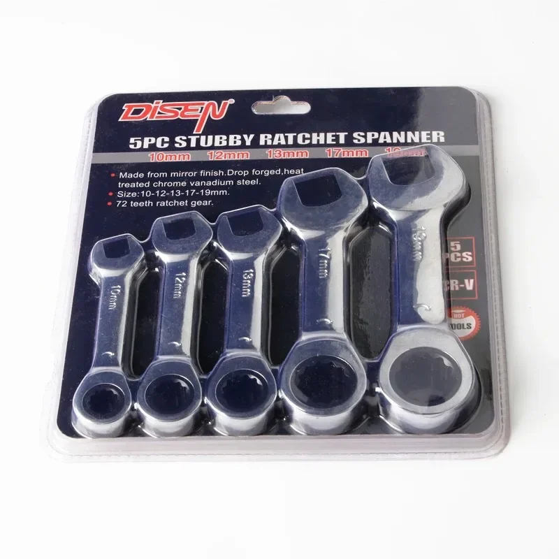 5Pcs 10-19mm 72 Tooth CRV Quick Open Reversible Combination Stubby Spanner  Short Handle Ratchet Socket Wrench  Auto Repair Tool