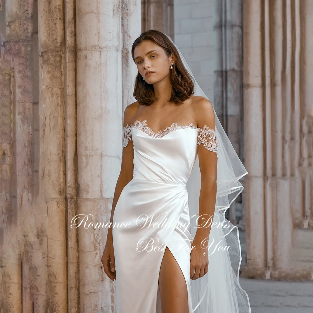 Sexy sem alças sereia vestido de casamento feminino rendas fora do ombro plissado alta fenda lateral vestido de noiva vestidos de novia personalizado