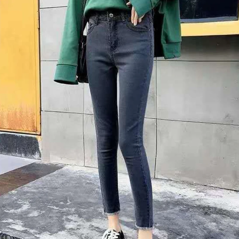 Ankle-length Jeans Women Skinny Fashion Simple Students Slight Strech Daily Spring Solid Korean Style High Waist All-match Cozy