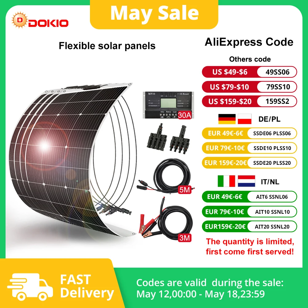 DOKIO 100Wset 200Wset 400Wset 18V flexibles Solarpanel wasserdichtes monokristallines Camping 12V