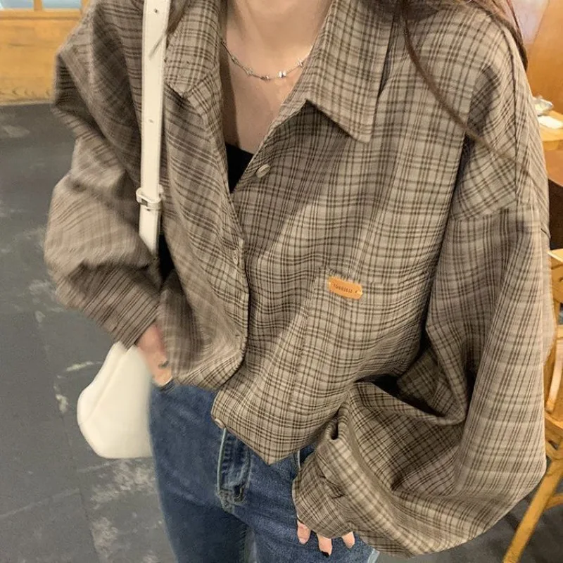 QWEEK Vintage Casual Oversized Women Shirt Plaid Korean Style Basic Cozy Blouse Preppy Long Sleeve Clothing Harajuku 2024 Autumn