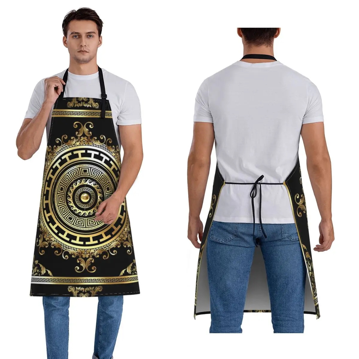 المفاتيح اليونانية الذهب الأسود ميدالية متعرج الباروك مآزر الشيف الطبخ المطبخ Tablier تنظيف المطبخ بينافور للنساء الرجال #1