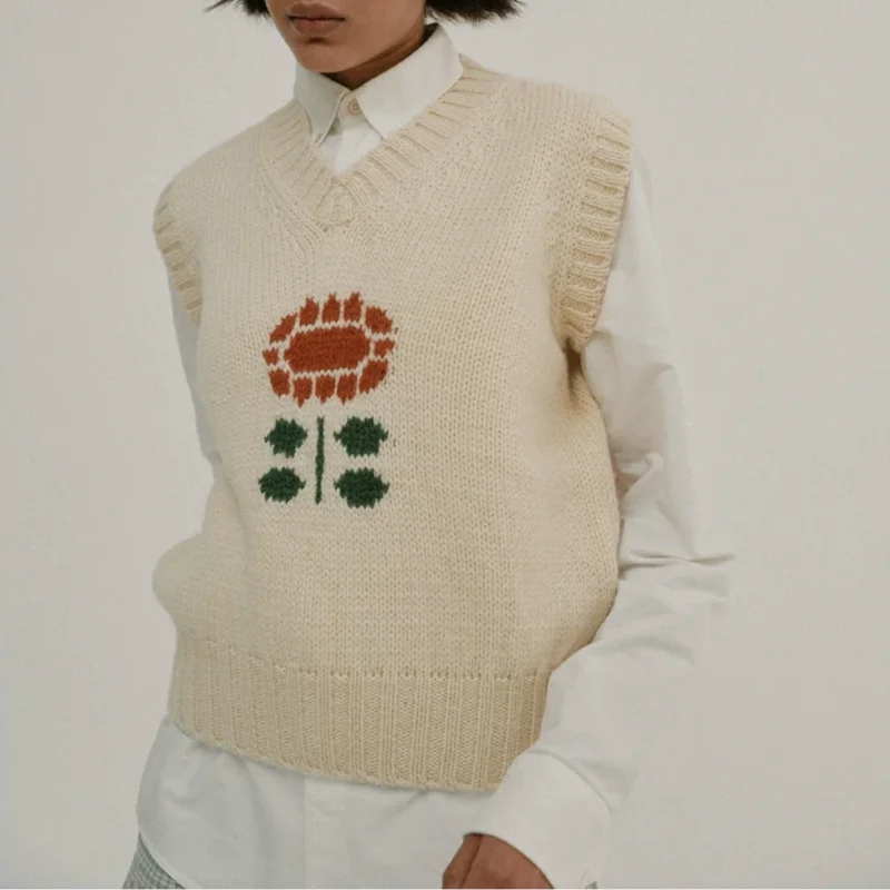 

Жилет вязаный HEIDD Spring 2025 с V-образным вырезом и принтом «Подсолнухи», повседневный, тонкий, из смесовой шерсти, женский