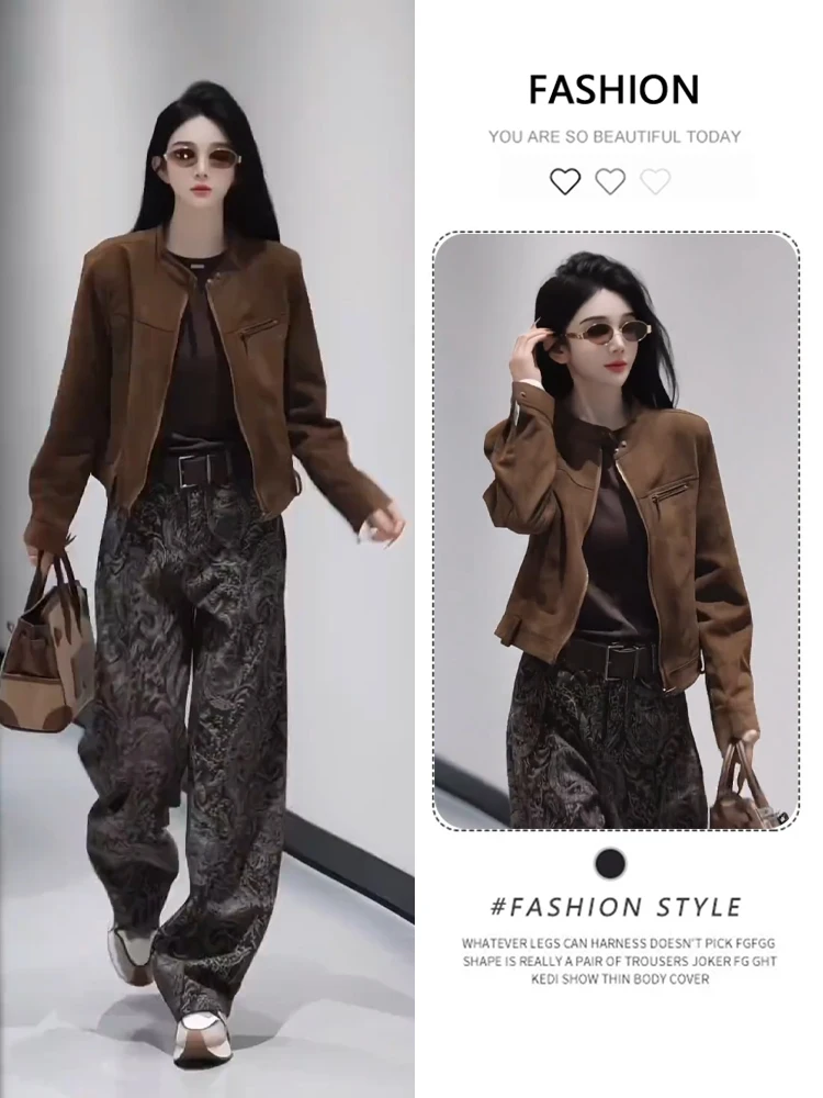 

Cé Brown Retro ort Motorcycle Jaet Women's Spring Autumn 2026 New Faion Versatile American Sle Outerwear