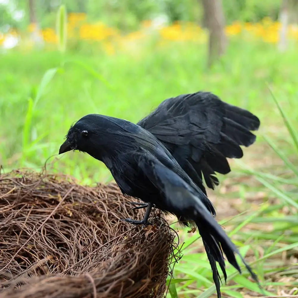 Simulierter schwarzer Krähen-Vogel als Vogelabwehr für den Außenbereich, Garten, Halloween-Party-Requisite, Gothic-Grusel-Dekoration, Ornament – Detail 11
