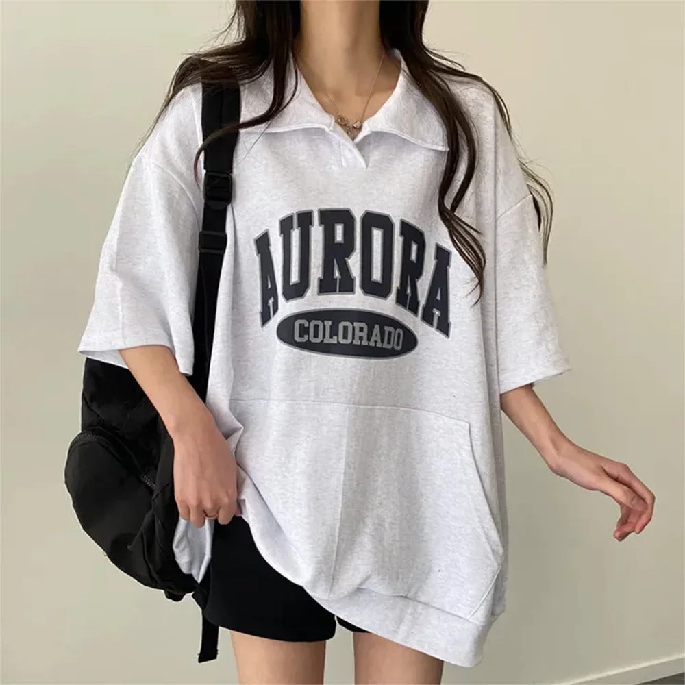 Harajuku Streetwear Fashion Letter Printed Summer Women Short Sleeve Sweatshirts Female Turn-down Collar Hoodies Loose Pullovers