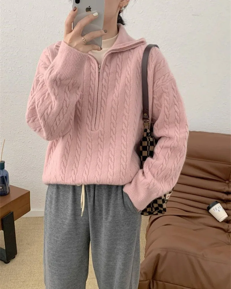 Luxury lapel design zippered sweater women's top autumn and winter new long sleeve solid color temperament loose thread sweater