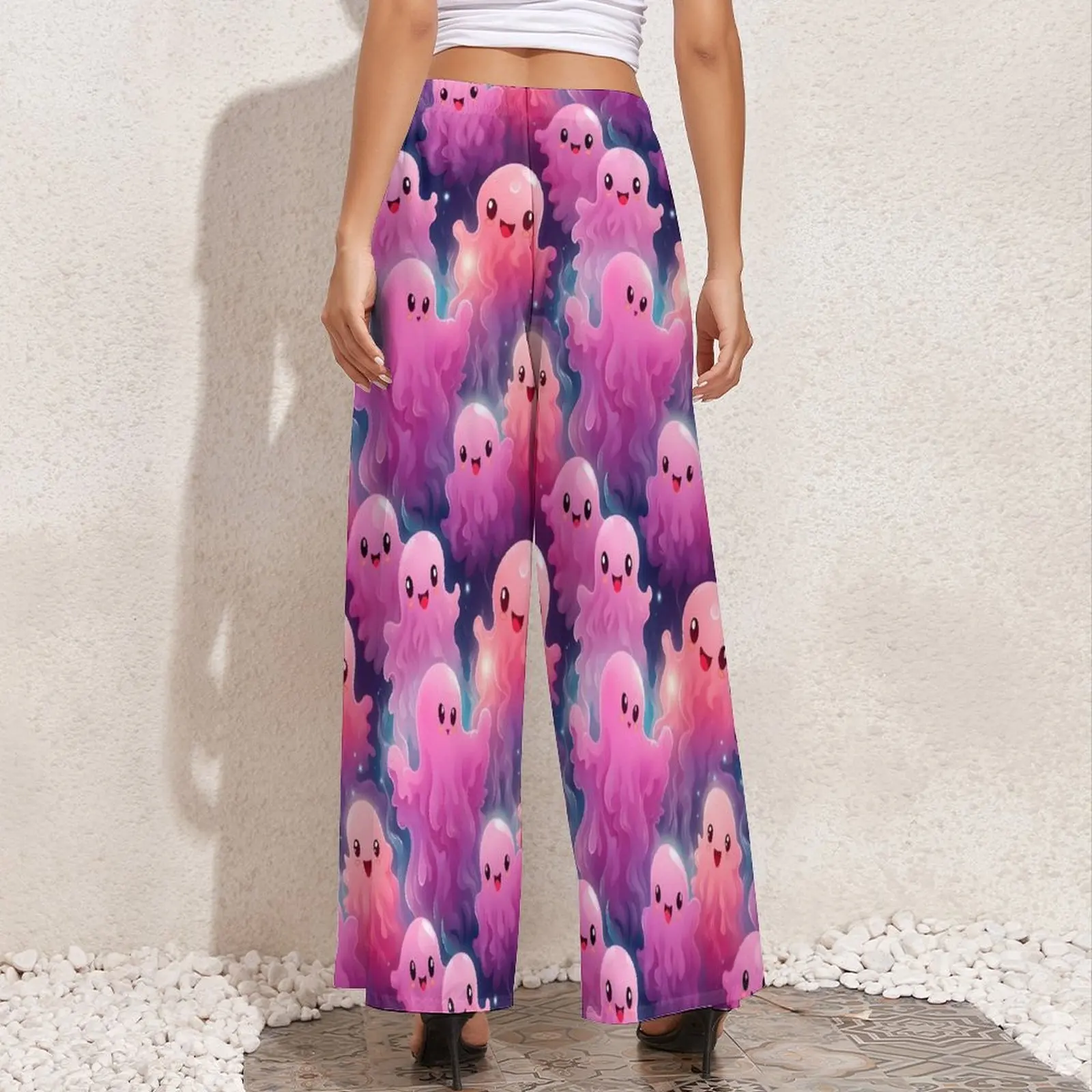 Pantalon Fantôme Rose à Taille Haute pour Halloween, Vêtement Élégant à Jambes Larges, Imprimé FjBeach