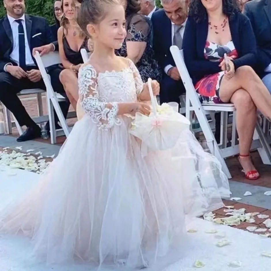 Baby Girl Birthday Dress Champagne Flower Girl Dress For Wedding Bow Kids Princess Prom Gown Lush Dresses For Girls