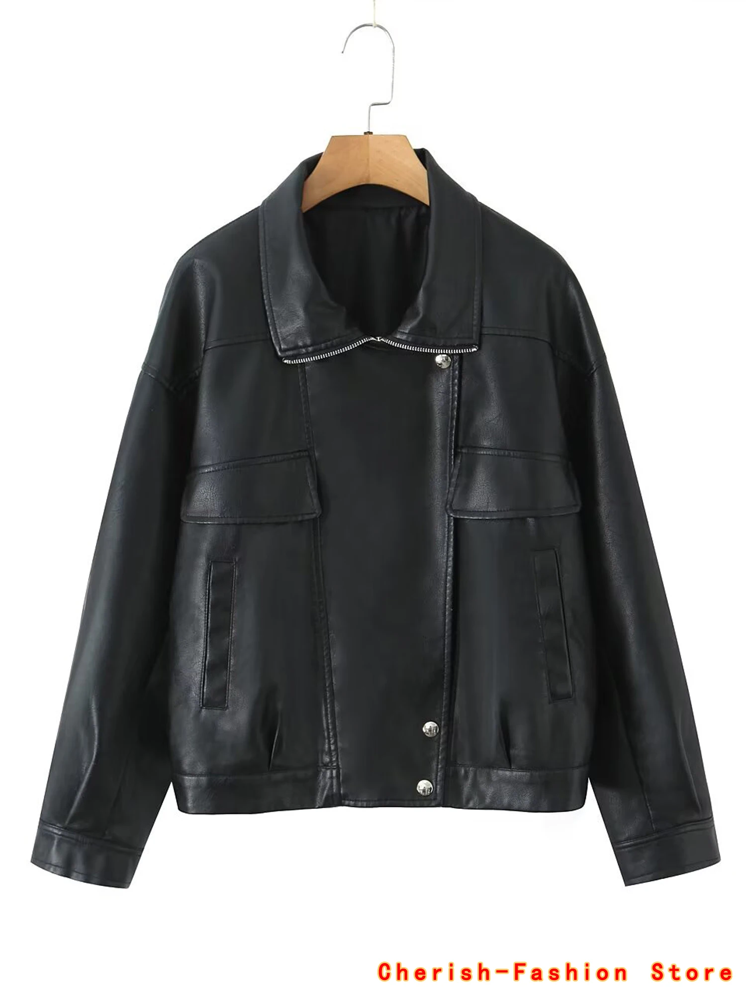 Giacca da motociclista da motociclista allentata da donna Giacca in ecopelle nera Pu oversize primavera autunno Cappotto con cerniera femminile Capispalla con cerniera di alta qualità