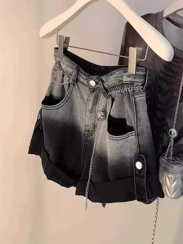 

Graduated Color Denim Shorts Women's Summer plus Size High Waist Wide Leg Hot Pants Casual Style Pocket Detail Loose Fit
