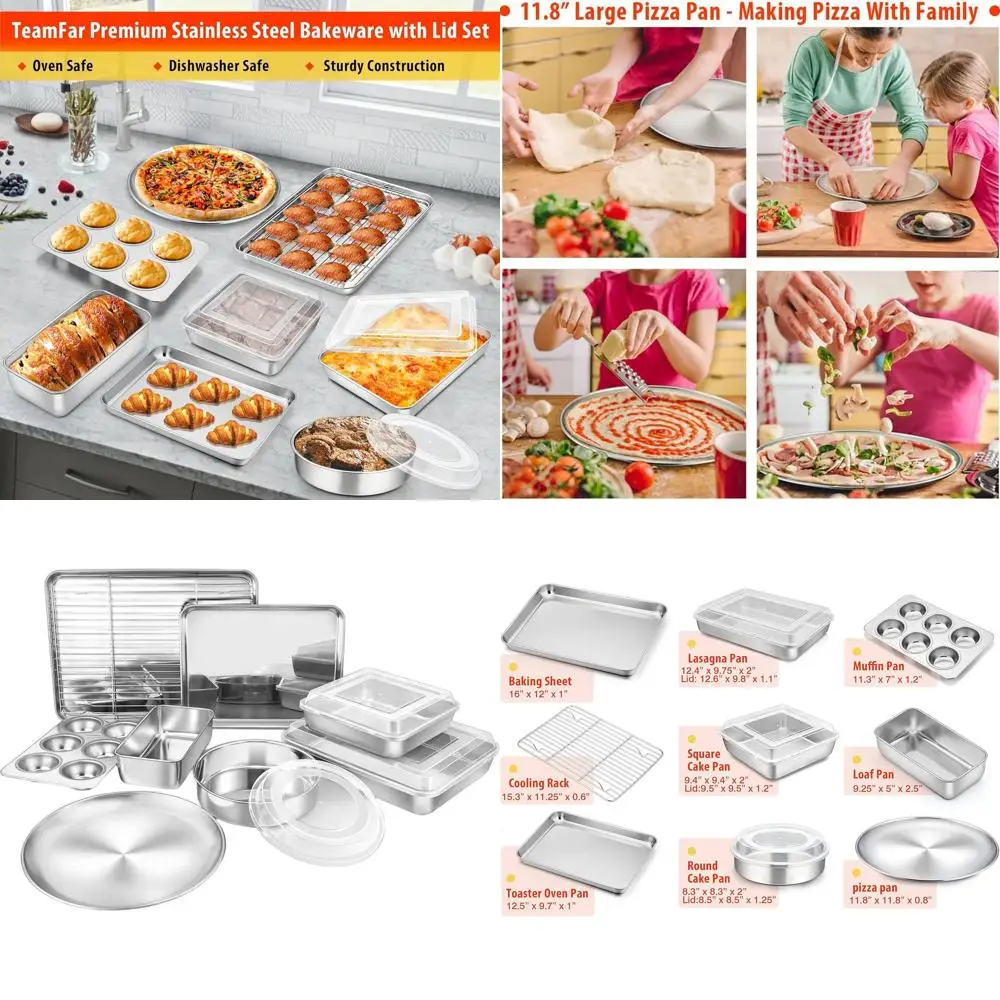 

Stainless Steel Baking Set: Pans, Rack, Pizza & Toaster Oven Pan, Lasagna Dish, Cake & Muffin Tins, Lids Included