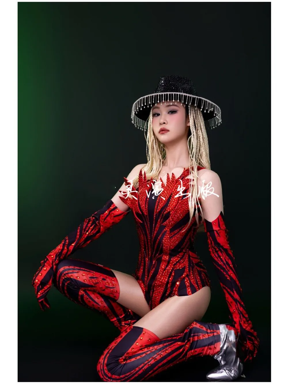 Body con purpurina rosa y rojo con diamantes de imitación, guantes, cubierta para piernas, traje de baile, Festival de Música, espectáculo de cantante, ropa de escenario, disfraz de Drag Queen