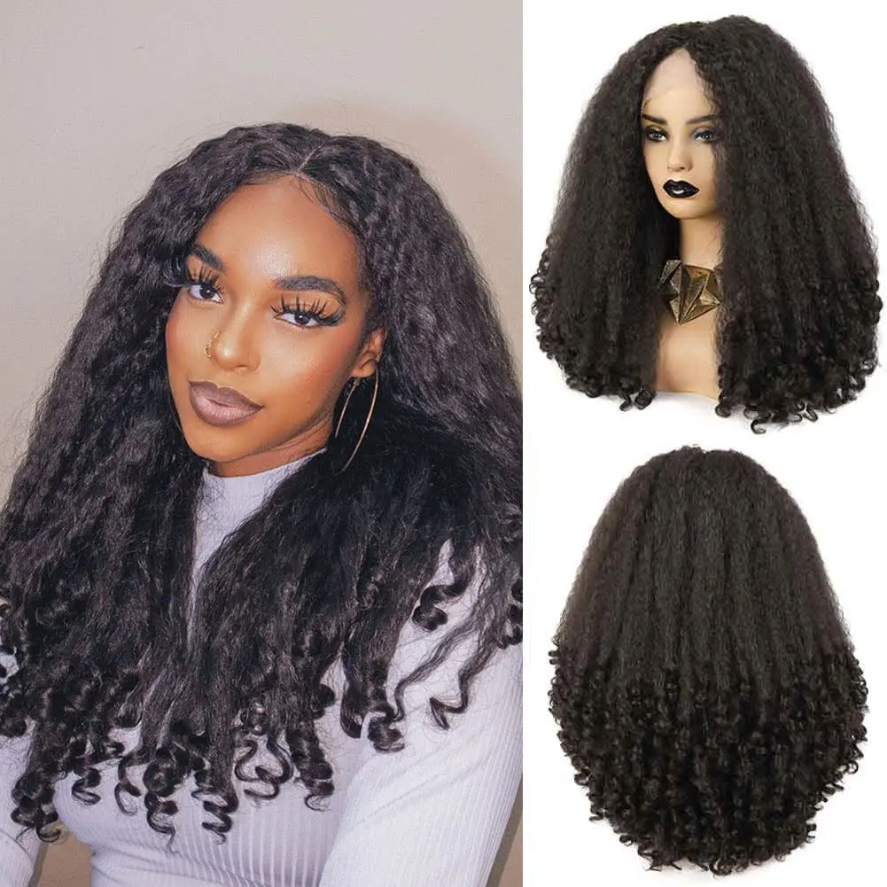 Peruca afro-kinky encaracolada em V para mulheres, reta sintética com ponta encaracolada, cabelo bouncy fofo, cabelo preto trançado