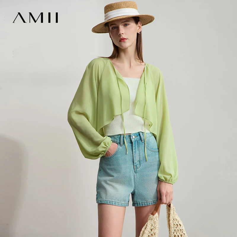 

Amii Women's Top Minimalist 2025 Summer New Commuting Versatile V-Neck Tie Band Short Raglan Sleeve Thin Chiffon Blouse 12542281