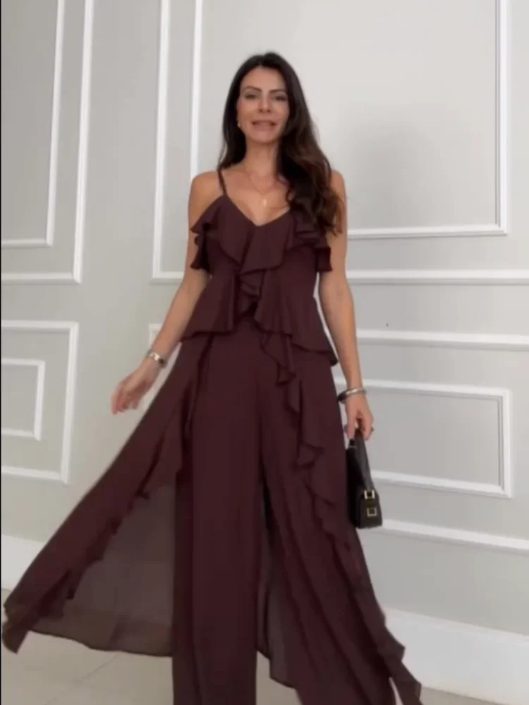 Feminino marrom escuro calça conjunto casual decote em v sem mangas em camadas babados sling blusa calças de perna larga terno novo verão senhora uso diário