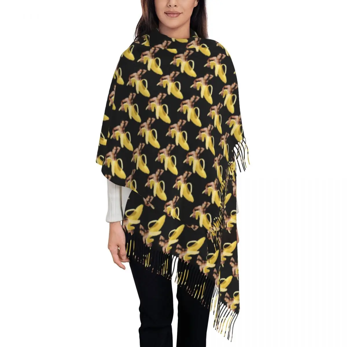 Nicolas Cage Print Scarf with Tassel Funny Banana Warm Shawls and Wrap Lady Printed Scarves Wraps Autumn Popular Bufanda Mujer