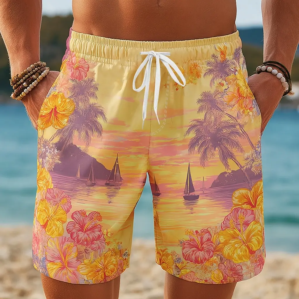 

New Men's Coconut Tree Gradient Color Swim Trunks 3D Tropical Plants Print Shorts Hawaiian Short Pants Summer Beach Shorts Board