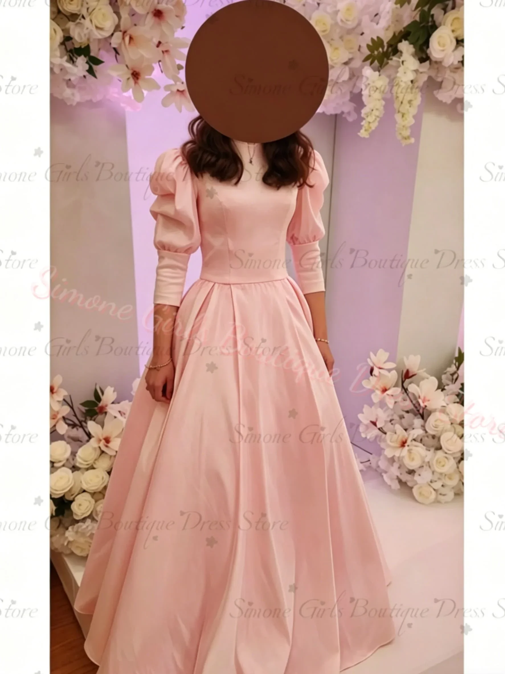 

Pink Flower Girl Dress Womens Satin Evening Dress High Neck Balloon Sleeves Sister of The Bride Dress for Wedding Guest Formal