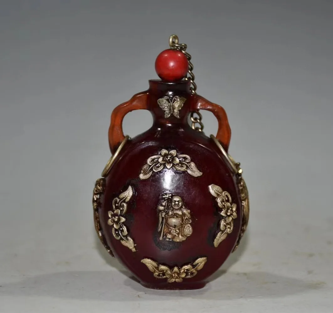

Collectable old Imitation Amber Silver & Gemstone Snuff Bottle,free shipping