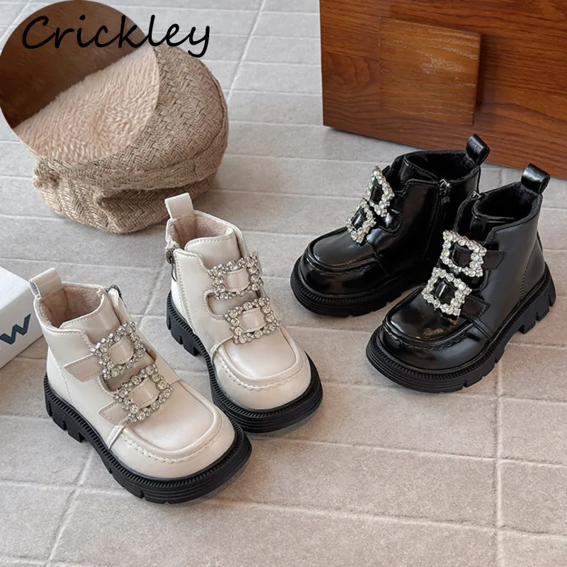 

Ботинки принцессы для девочек с кристаллами и пряжкой, зимние плюшевые теплые однотонные детские модные ботинки из искусственной кожи, нескользящие мягкие детские ботильоны на молнии