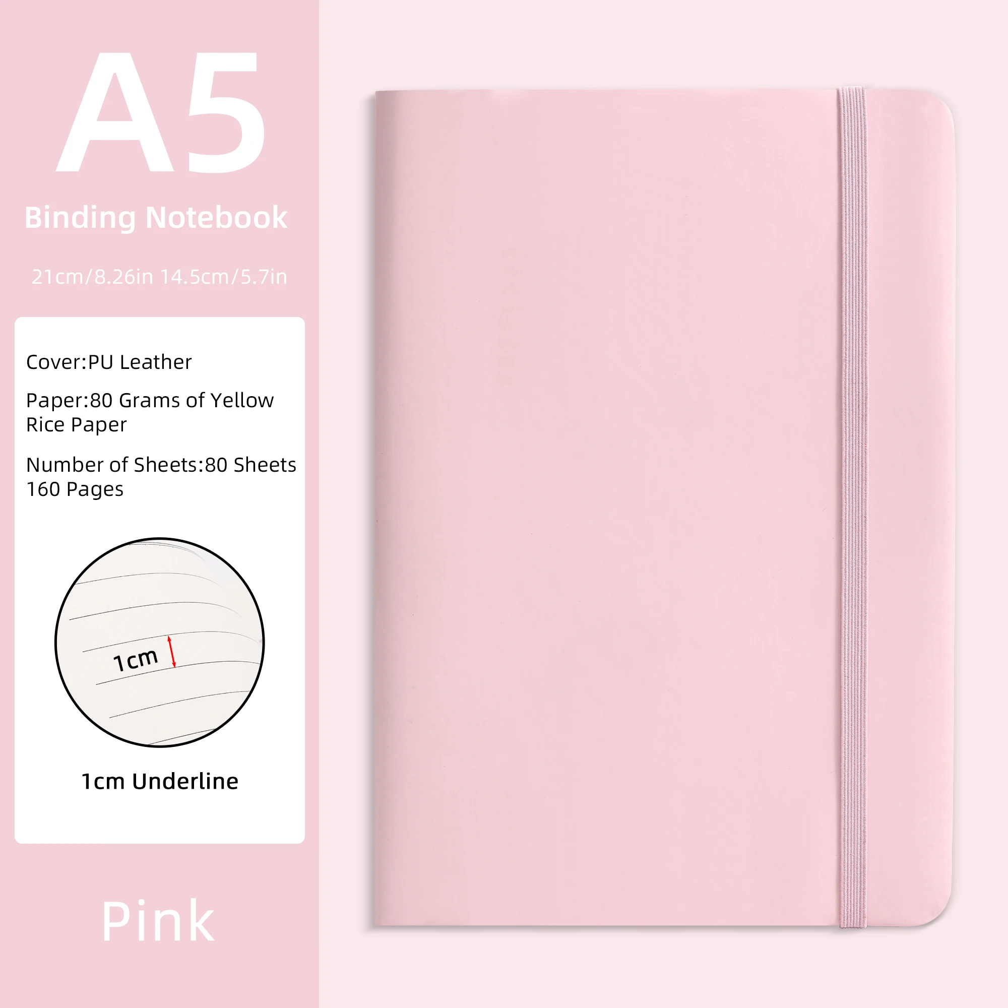 A5 PU-Leder Notizbuch - Lila, 80 Blatt (160 Seiten) 80g/m² Gelbes Reispapier, 1cm Unterstrichung, Hardcover-Journal mit Gummiband – Detail 4