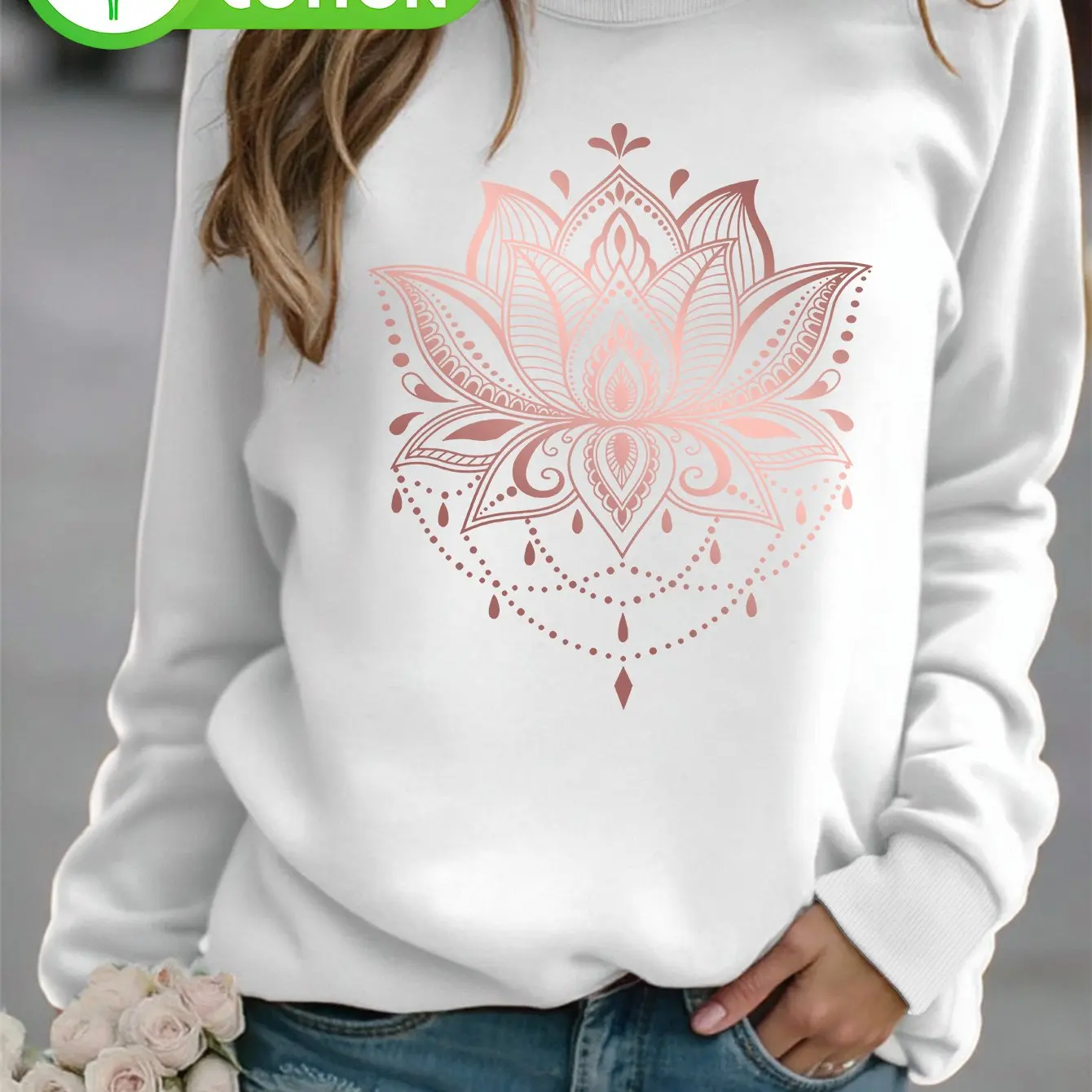 سويت شيرت نسائي برقبة دائرية عتيق باللون الذهبي الوردي لطباعة اللوتس والأزهار بطبقات غير رسمية سترة ناعمة تشبه الملمس