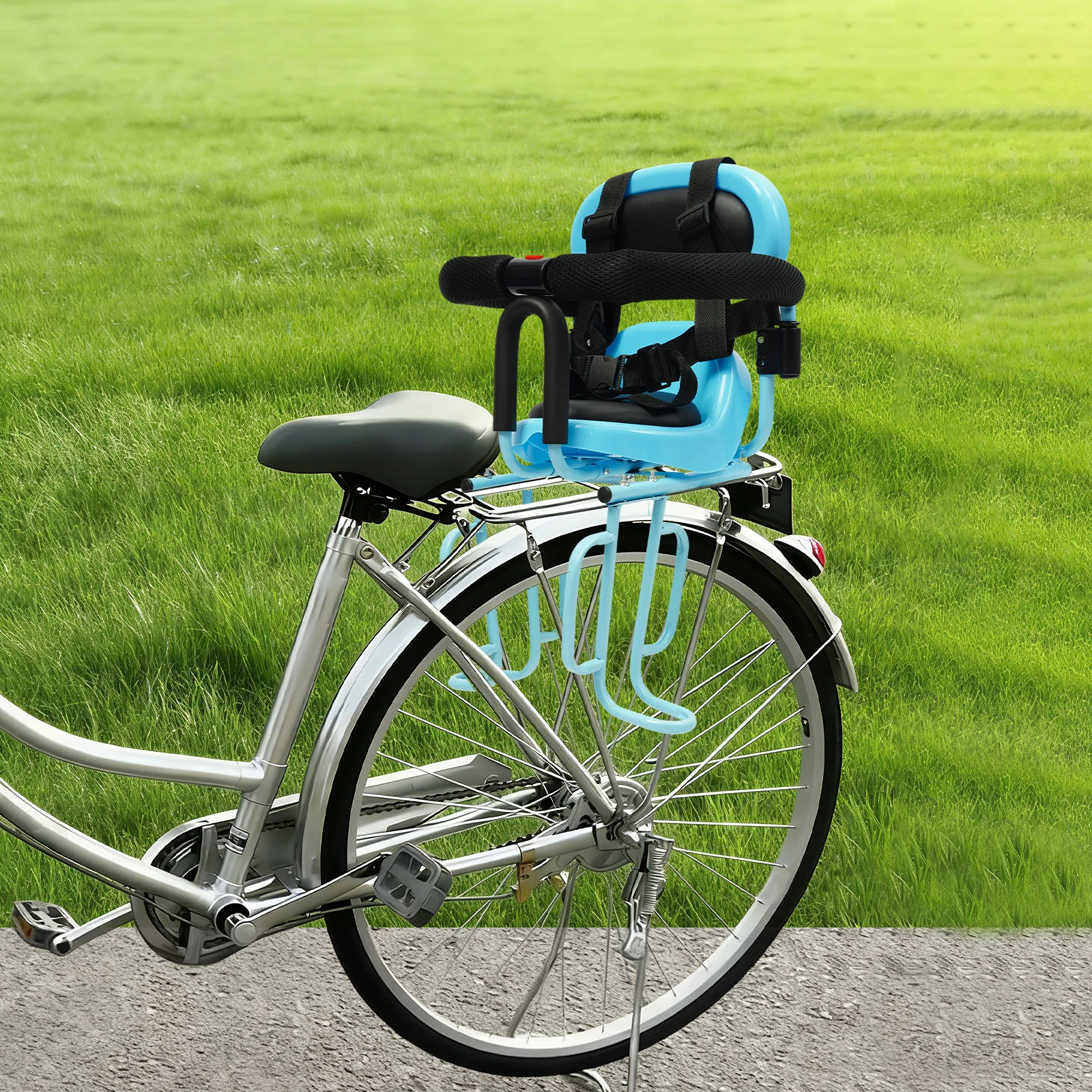 

Синее заднее детское велокресло для взрослых велосипедов с U-образными направляющими и 4-точечными ремнями безопасности, регулируемой спинкой