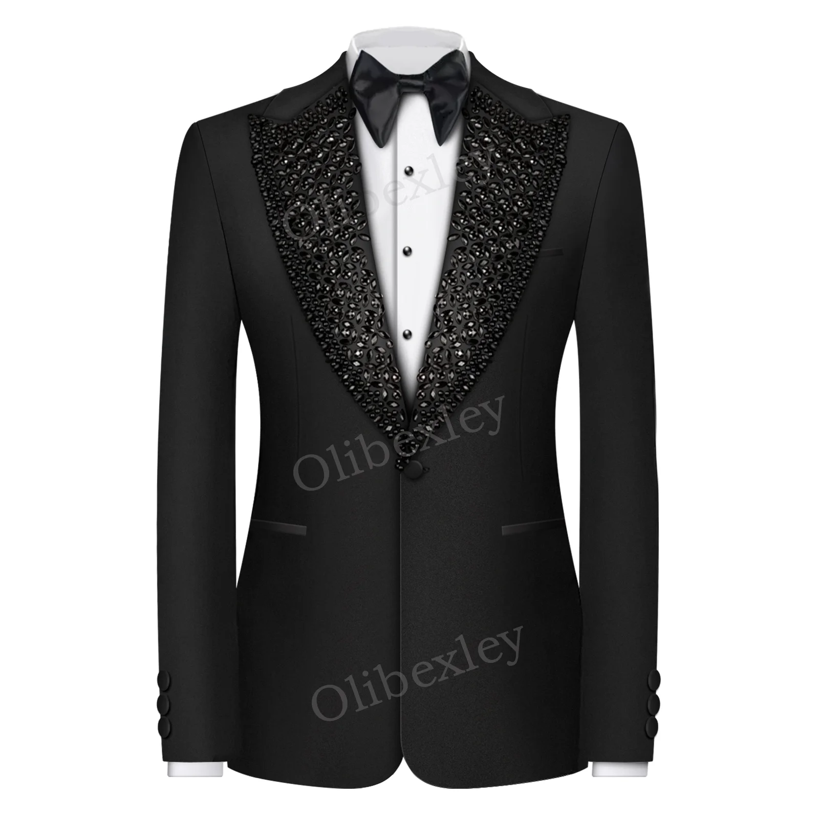Olibexley Men's Suits 2 Pieces High Quality Beaded Crystals One Button Slim Fit Tuxedos Wedding Groom Business Dinner Prom