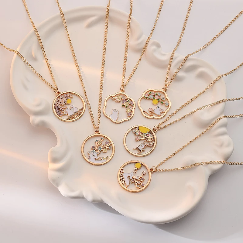 Cute Rabbit Pendant Necklace For Women Round Hollow Animal Collar Deer Cat Adjustable Choker Accessories Gift For Best Friend