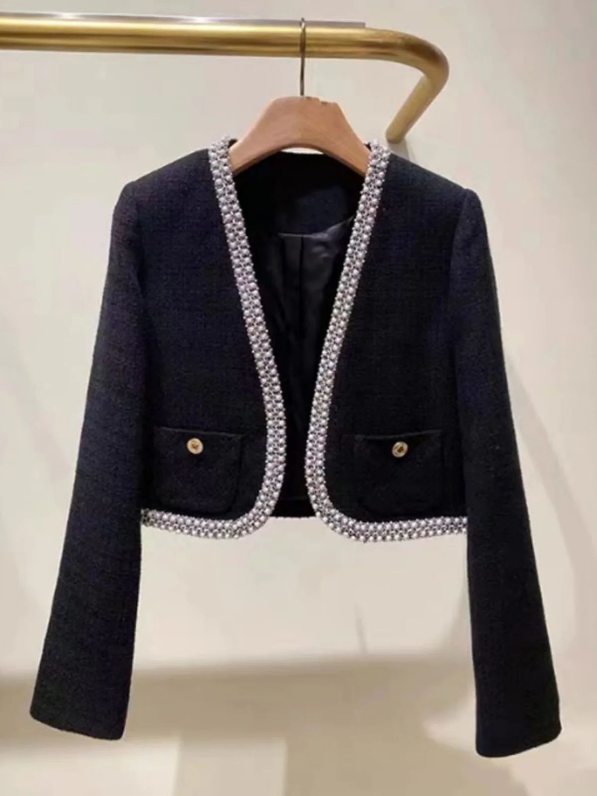 

Ele Pearl Trimmed Tweed V-Ne Jaet A-Line Skirt Quali S Home 2024 Early Autumn Small Fraance Sle Women's Fa...