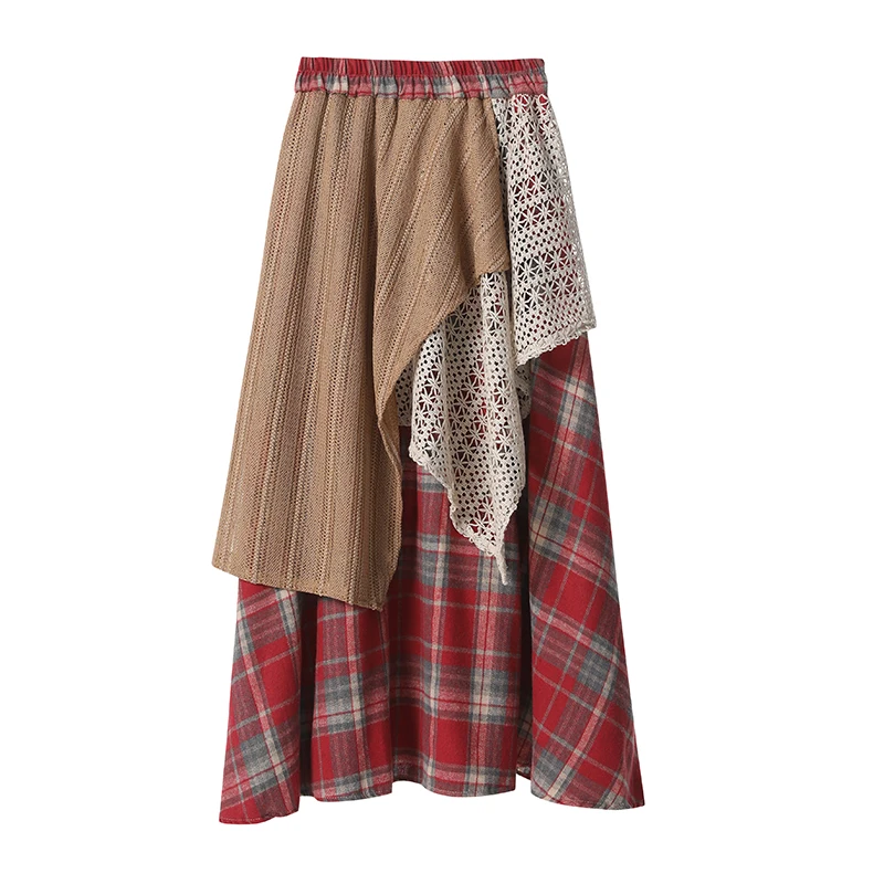 2024 New Autumn Winter Women High Waist Slim Long Skirt High Quality Contrast Color Irregular Patchwork Plaid Woolen Skirt