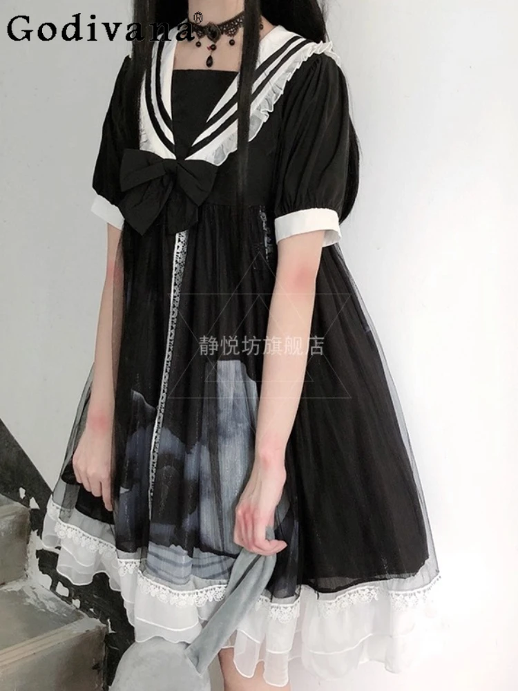 

Lolita Japanese Gothic Elegant Naval Collar College Ruffles Dress High Waist A-line Short Sleeve Loose Lace Princess Dresses