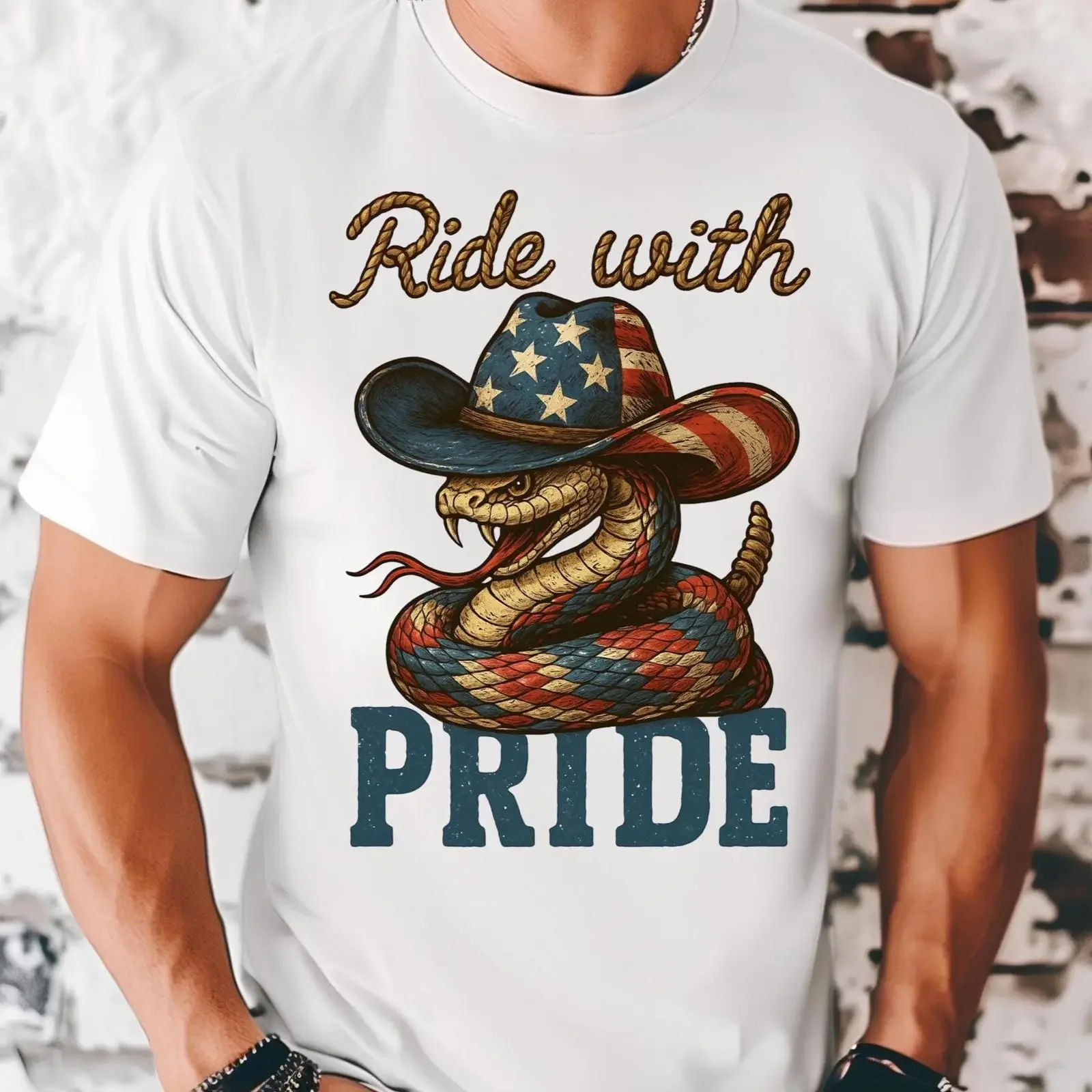 Ride With Pride Patriotic Rattlesnake T Shirt 4th of July USA Flag Cowboy Hat Independence Day Cotton vintage Washed Unisex