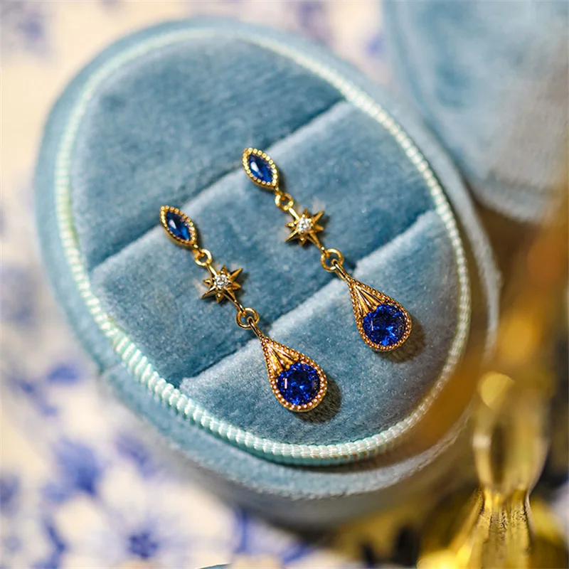 

Sythentic Sapphire Drop Earrings Fashion Jewelry for Women Girl Birthday Lady Gift Yellow Gold