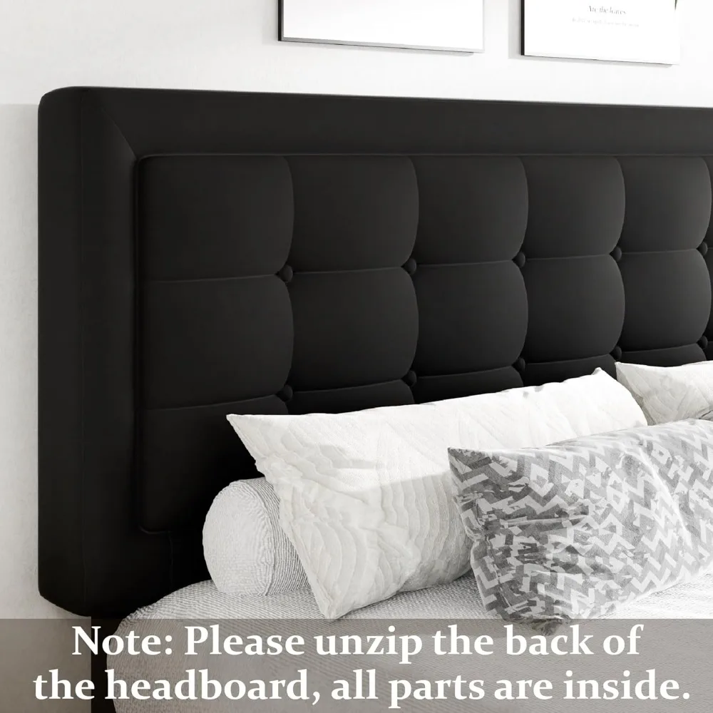 King Size Bed Frame with Velvet Upholstered Headboard, Button Tufted Design, Wood Slats Support, Bed Frame image 4