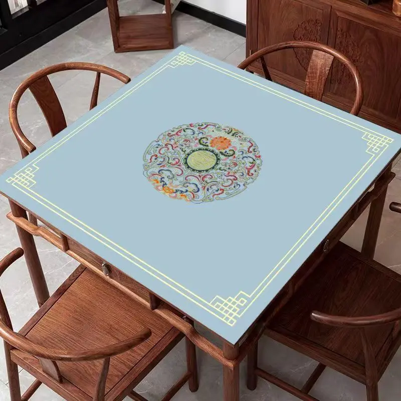 Chinese Light Blue Retro Flower Pattern Mahjong Table Mat Anti-Slip Noise Reduction for Card Game Table Playing Room Decor