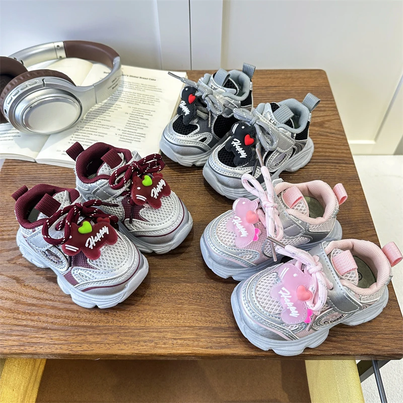 Girls Casual Sneakers Breathable Mesh Shoes Fashion Cherry Decoration Kids Sports Shoes Walking Trainers for Children Sandals