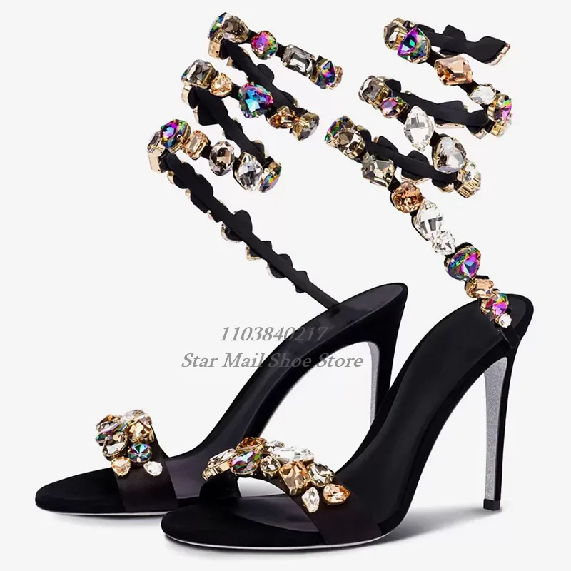 Wide Toe Strap Round Toe Peep Toe Sandals Spiral Ankle Strap with Statement Gemstones Satin Material Stilettos Gorgeous Sandals