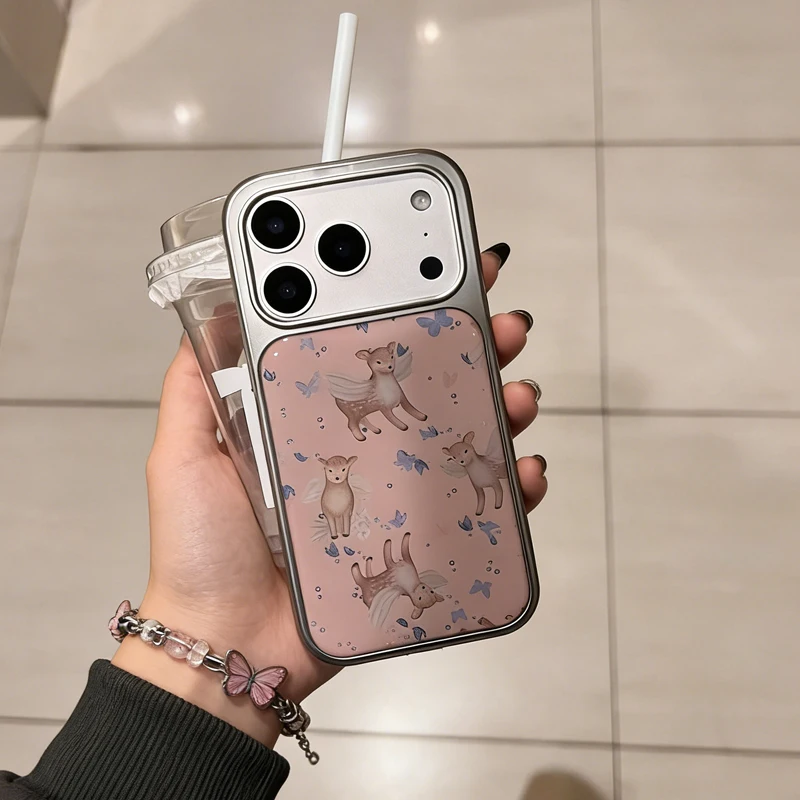 

Ins Корейский розовый милый чехол для телефона с изображением ангела и оленя из серебра и смолы для iPhone 17, Air 16, 14, 13, 12, 11 Pro Max Plus Y2K, задняя крышка