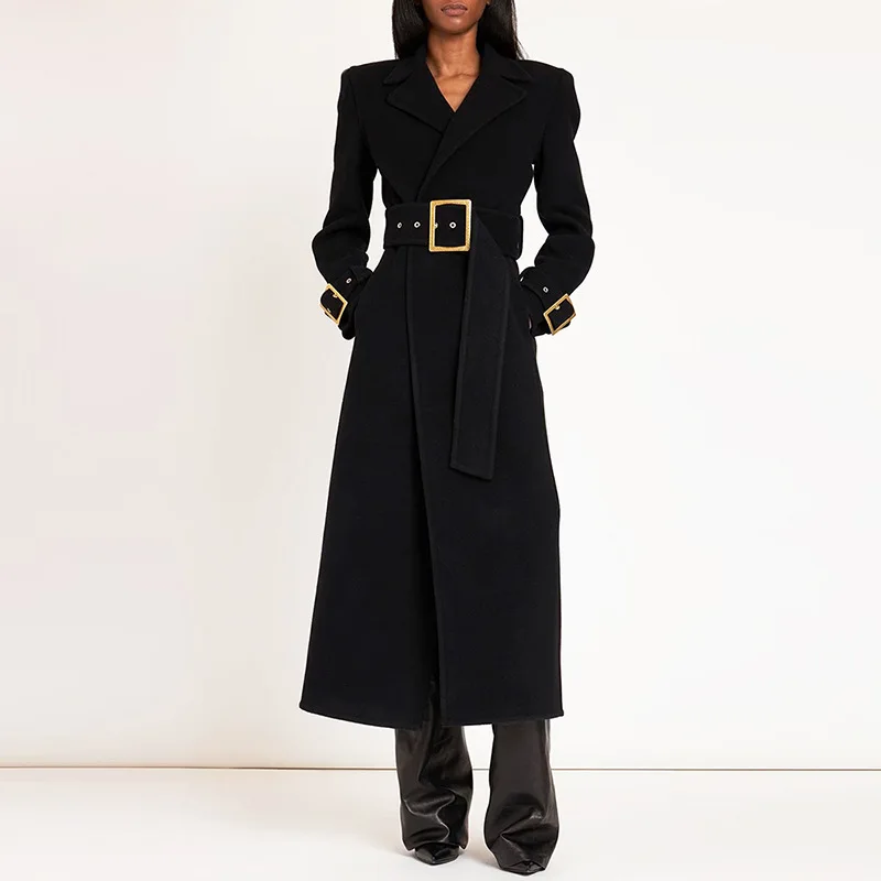 

Women Belt Woolen Coats Lengthened Autumn and Winter Fashion Simple Black Wool Double Breasted Suit Collar Slim Fit Clothing