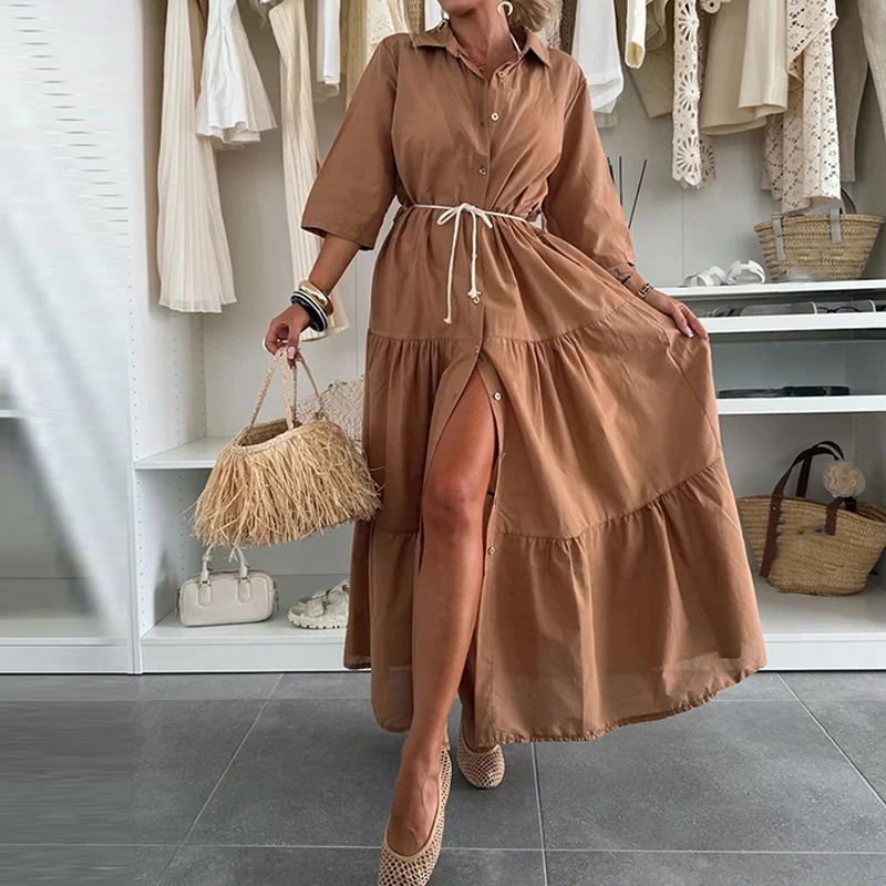 العصرية بسيطة بلون مساء اللباس سيدة الصيف جديد واحدة الصدر التعادل يصل فستان محكم من عند الصدر ويتدلى بشكل واسع الترفيه نصف كم التلبيب قميص اللباس