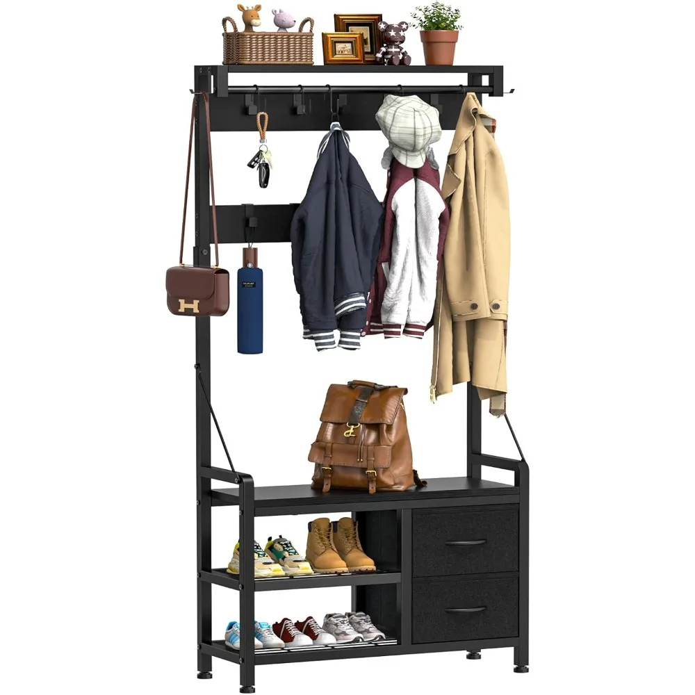 

Hall Tree, 31.5” Entryway Bench with Coat Rack freestanding, 5 in 1 Intelligent Design Shoe Bench and Wall Rack 17 Hooks and Dr