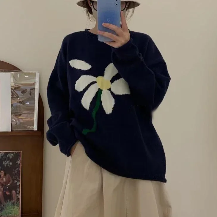 Tops de moda 2025, jerséis para Mujer, ropa de calle de Jacquard Floral, jersey Vintage BF, suéter informal coreano de punto de gran tamaño, suéter para Mujer
