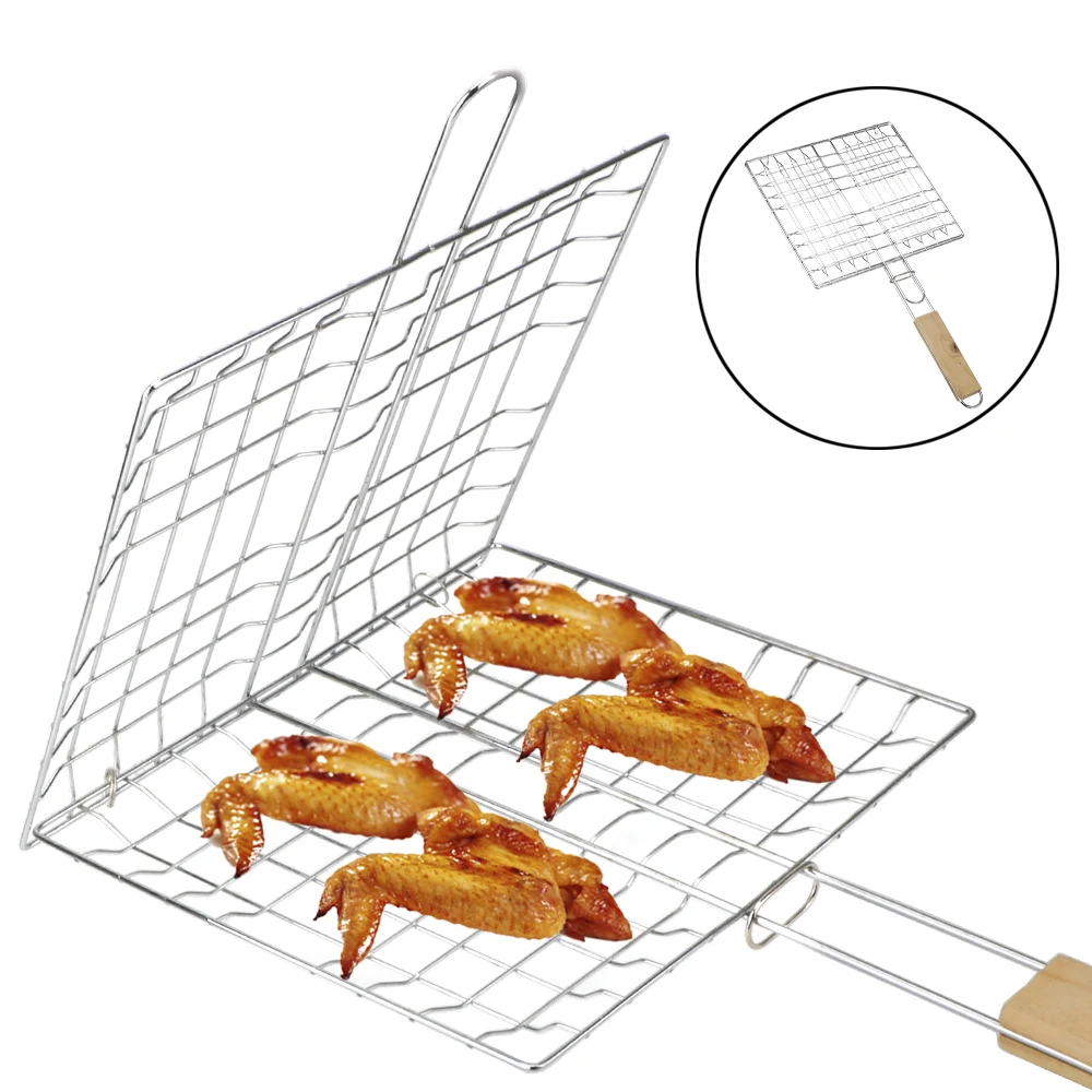 Panier à grillades pliable, tapis de Barbecue, viande, poisson, avec poignée en bois, maille en acier inoxydable, réutilisable