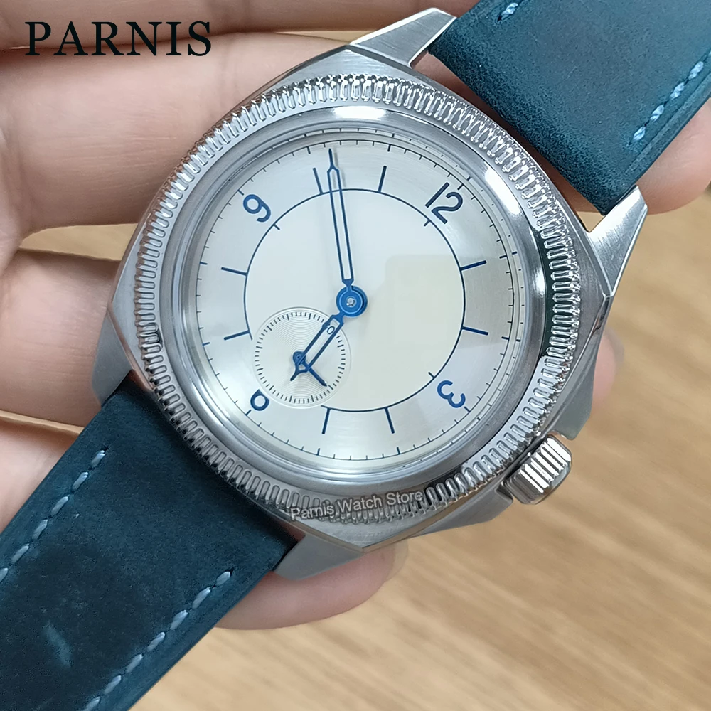 Parnis 41mm Beige Dial Blue Marks Seagull1701 Automatic Mechanical Men Watch Leather Strap 2024 Year