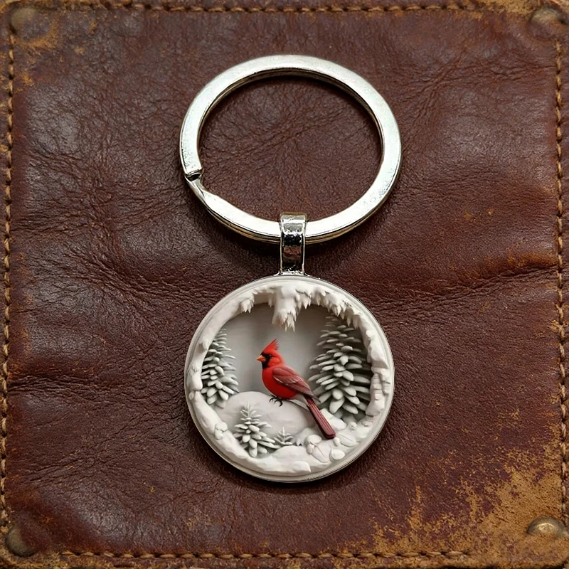New Product Creative Elegant Red Cardinals Snow Scene Pattern Round Zinc Alloy Keychain Jewelry