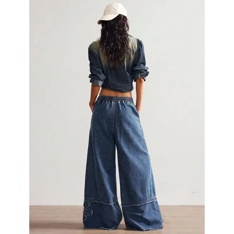 Women's Pants Loose Wide Leg Jeans Embroidery Elastic Waistband Drawstring Adjustable High Rise Comfort