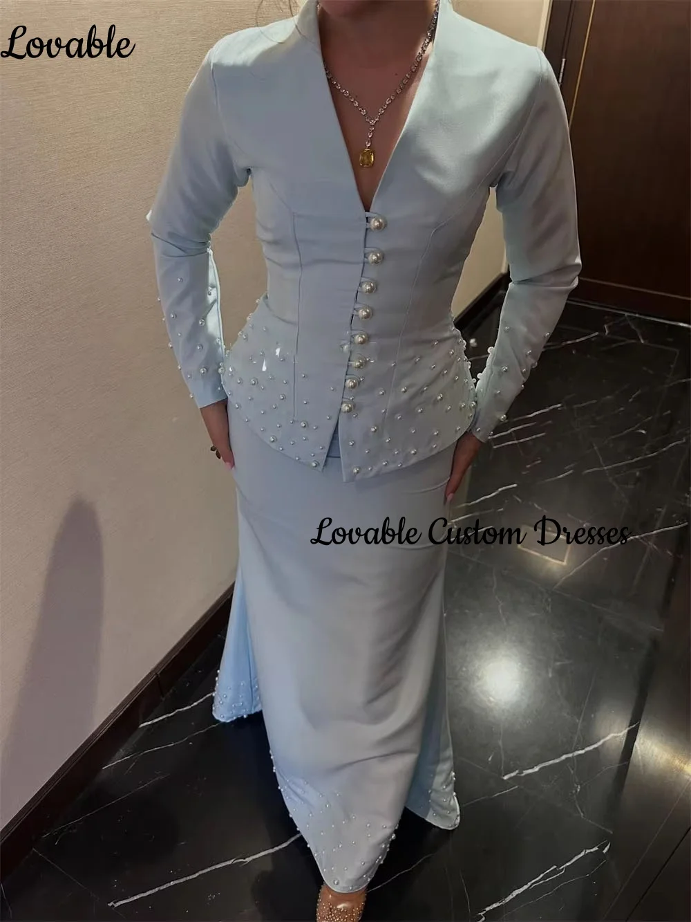 فسات Mohamed 1914 Hochzeitskleid anpassen, V-Ausschnitt, Reißverschluss, formelle Anlässe, bodenlang, Meerjungfrau, lange Ärmel, Partykleider